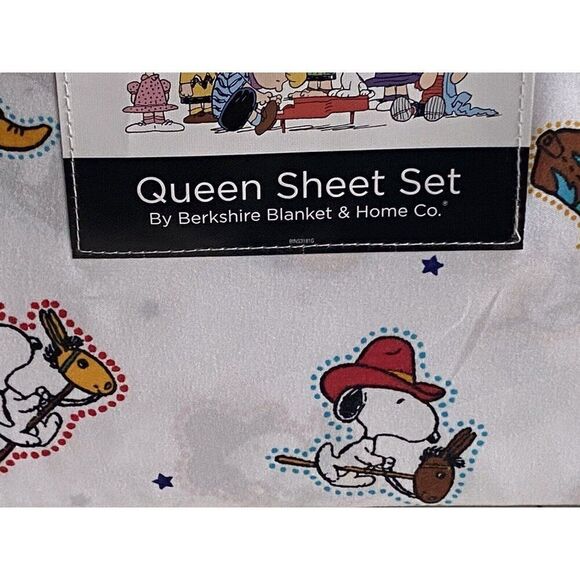4 Pc PEANUTS Snoopy Cowboy QUEEN Sheet Set By Berkshire Super Soft White NEW - Picture 4 of 12